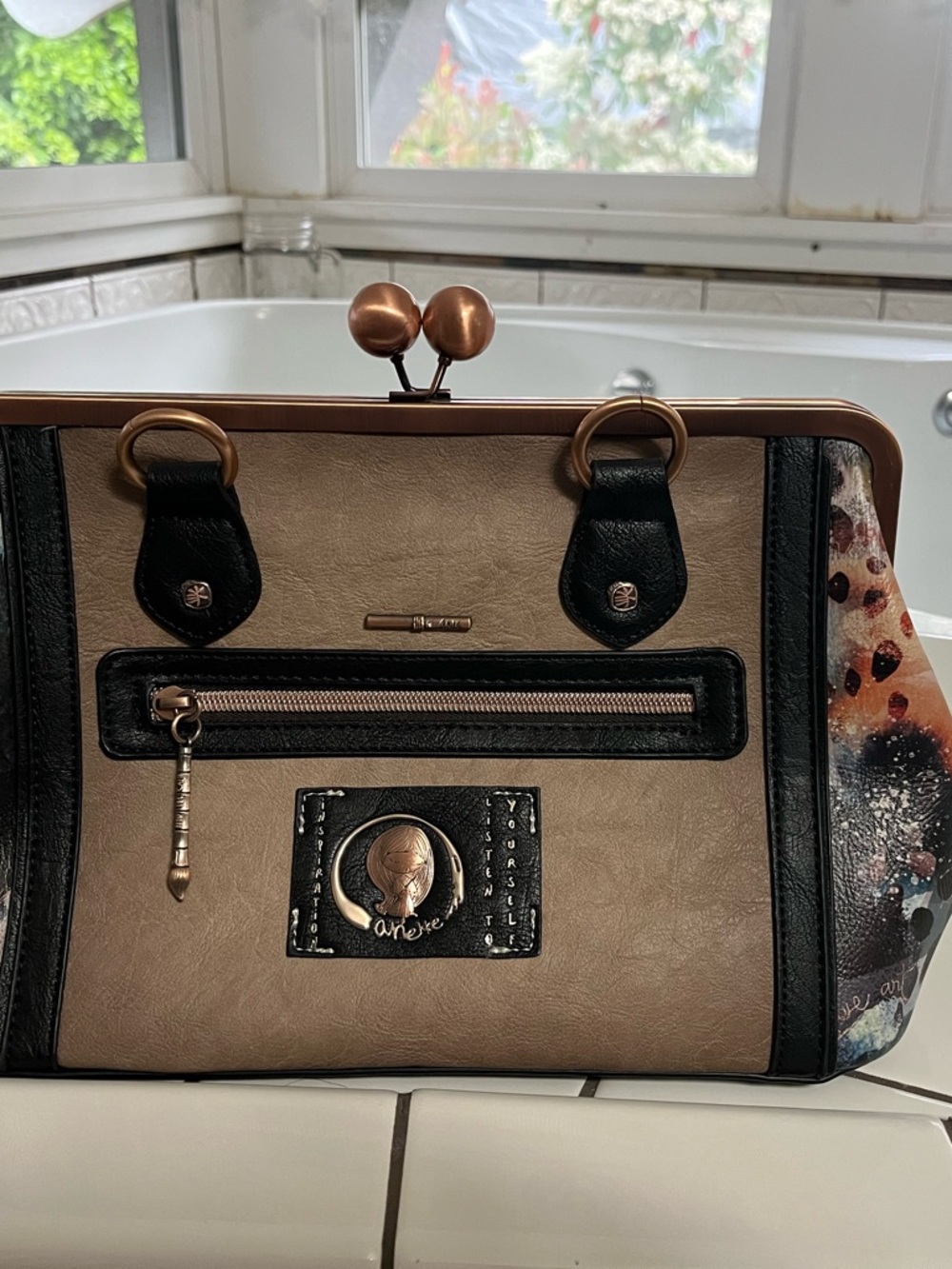 Anekke ArtisaBeige and Black Structured Top-Handle Satchel with Metallic Accents